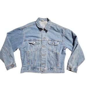 Vintage Southern Pacific Denim Jacket Embossed Logo XL USA Light Wash Grunge 90s